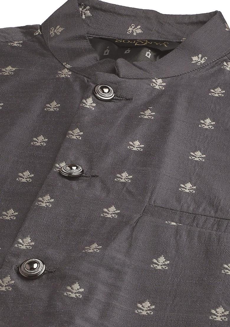 Off White Ethnic Motifs Poly Blend Kurta Set For Men