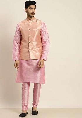 Pink Solid Poly Blend Kurta Set For Men
