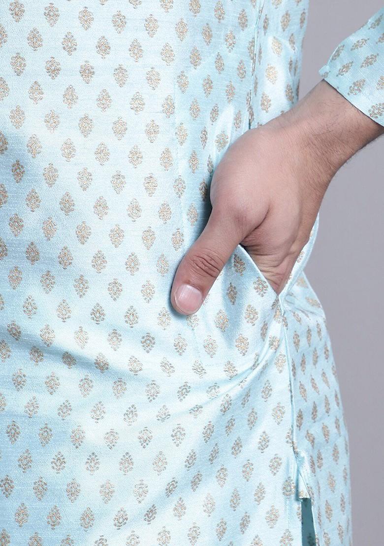 Blue Ethnic Motifs Poly Blend Kurta Set For Men