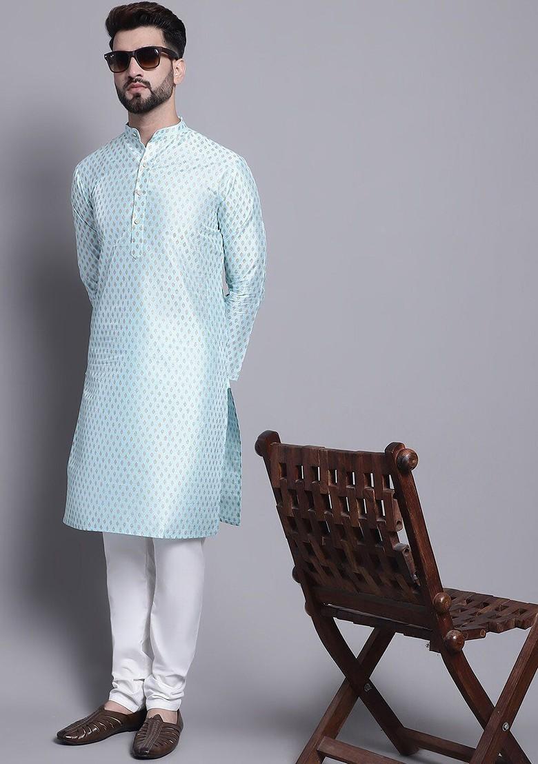 Blue Ethnic Motifs Poly Blend Kurta Set For Men