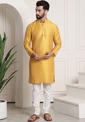 Mustard Striped Poly Blend Kurta Set For Men