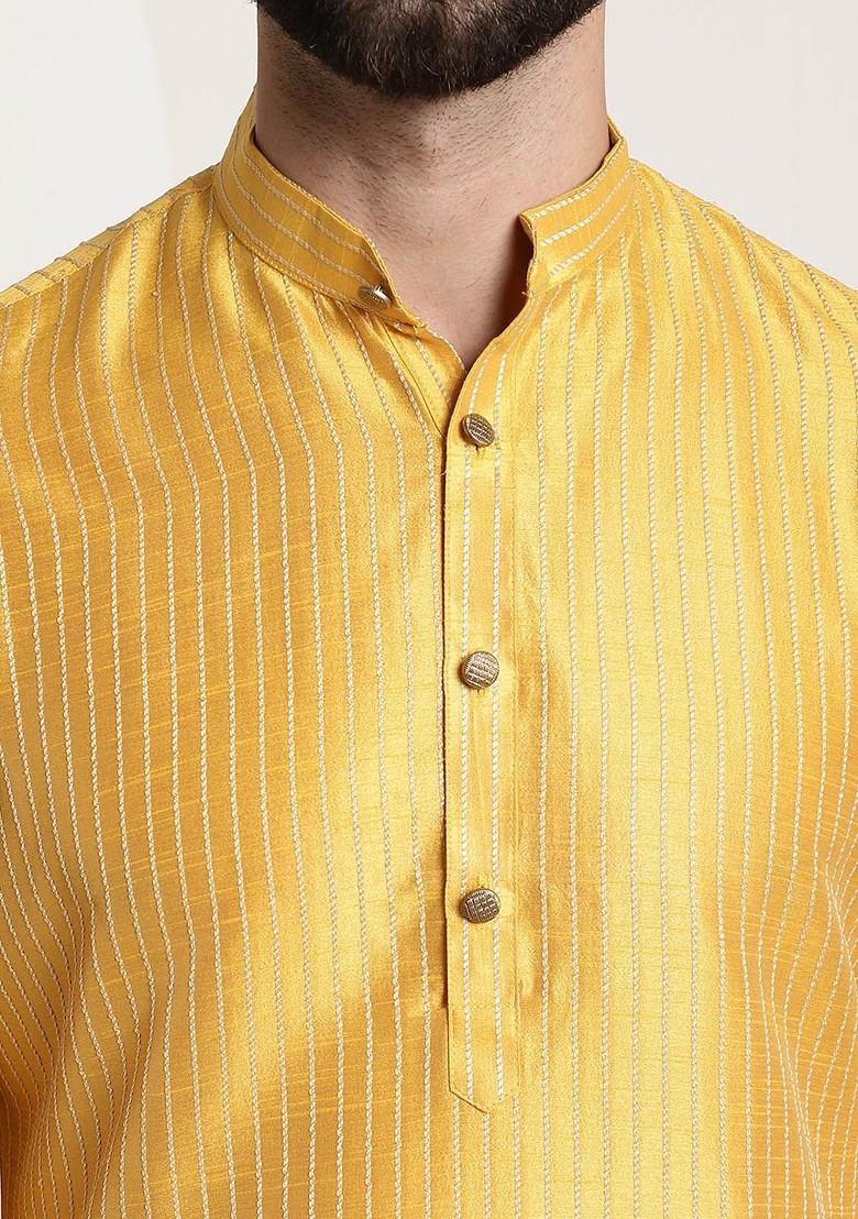 Mustard Striped Poly Blend Kurta Set For Men