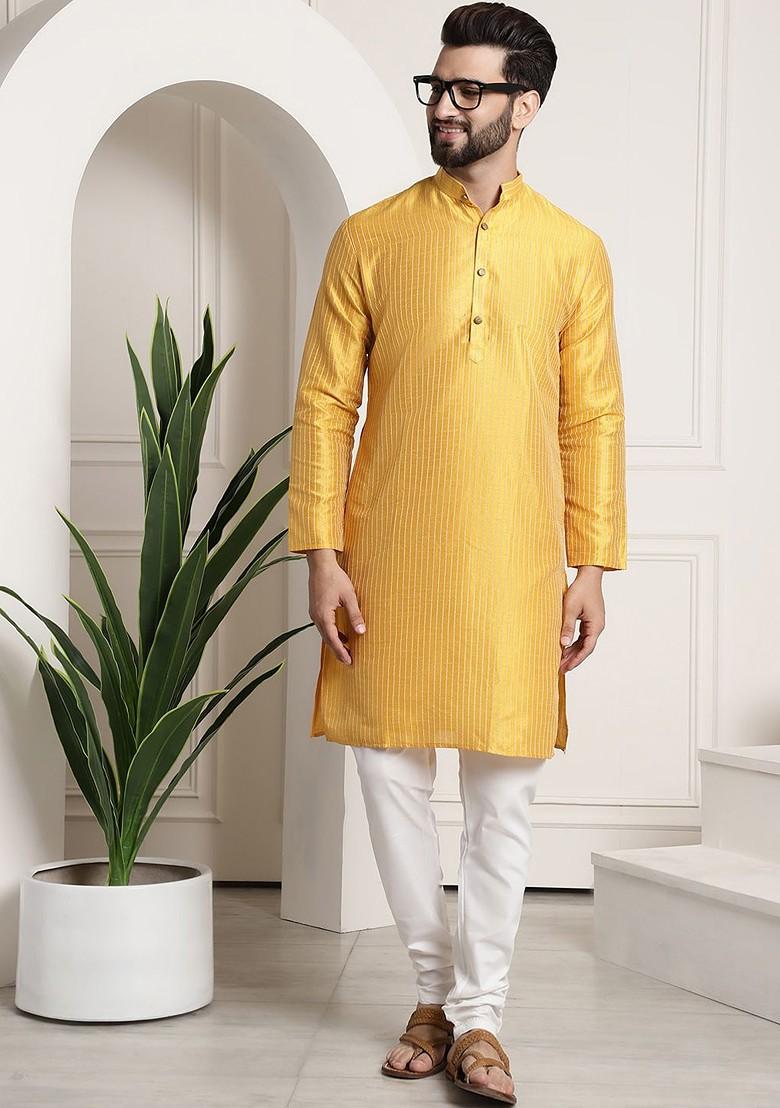 Mustard Striped Poly Blend Kurta Set For Men