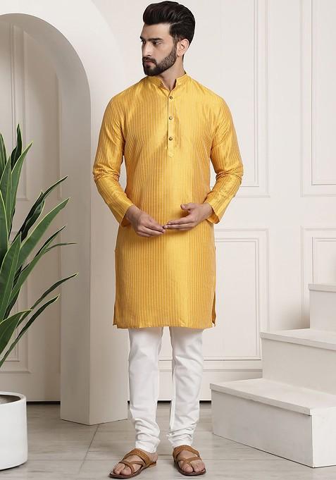 Mustard Striped Poly Blend Kurta Set For Men — view on Indya