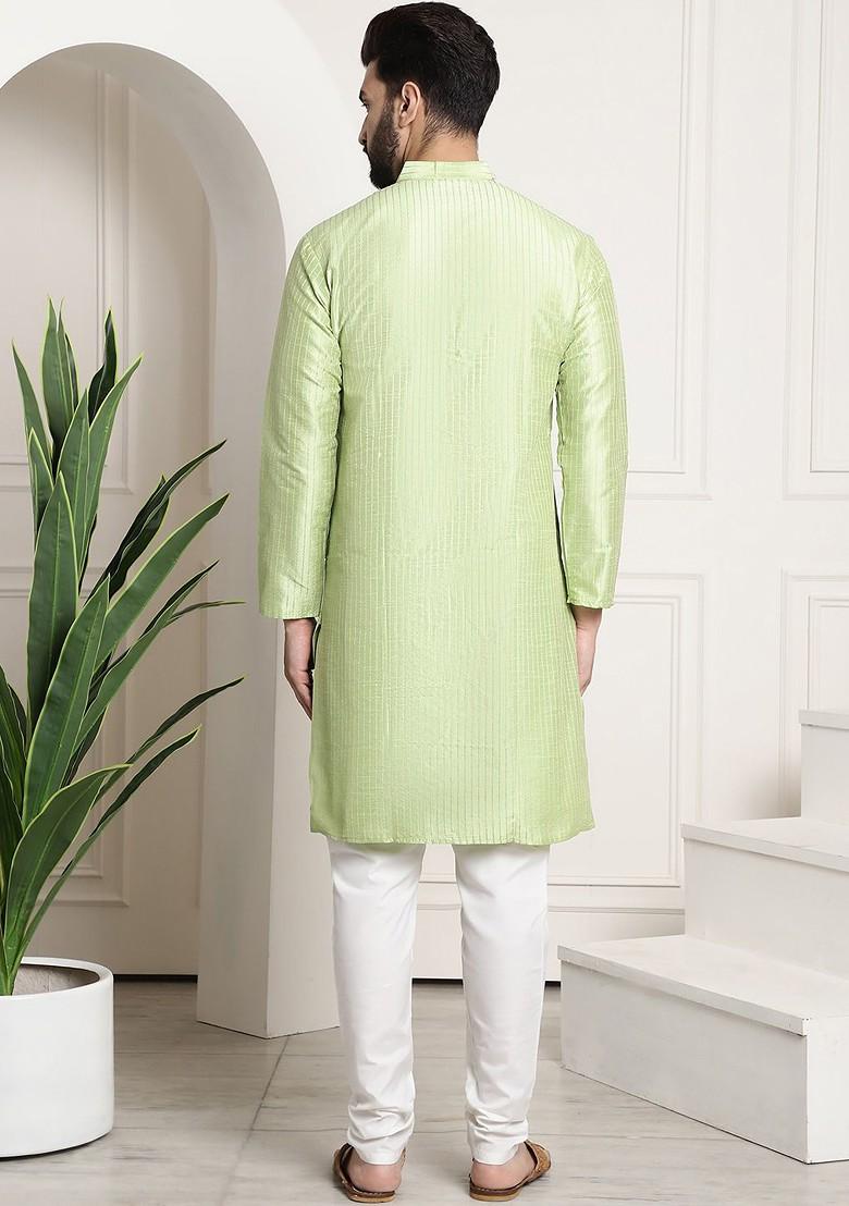 Green Striped Poly Blend Kurta Set For Men
