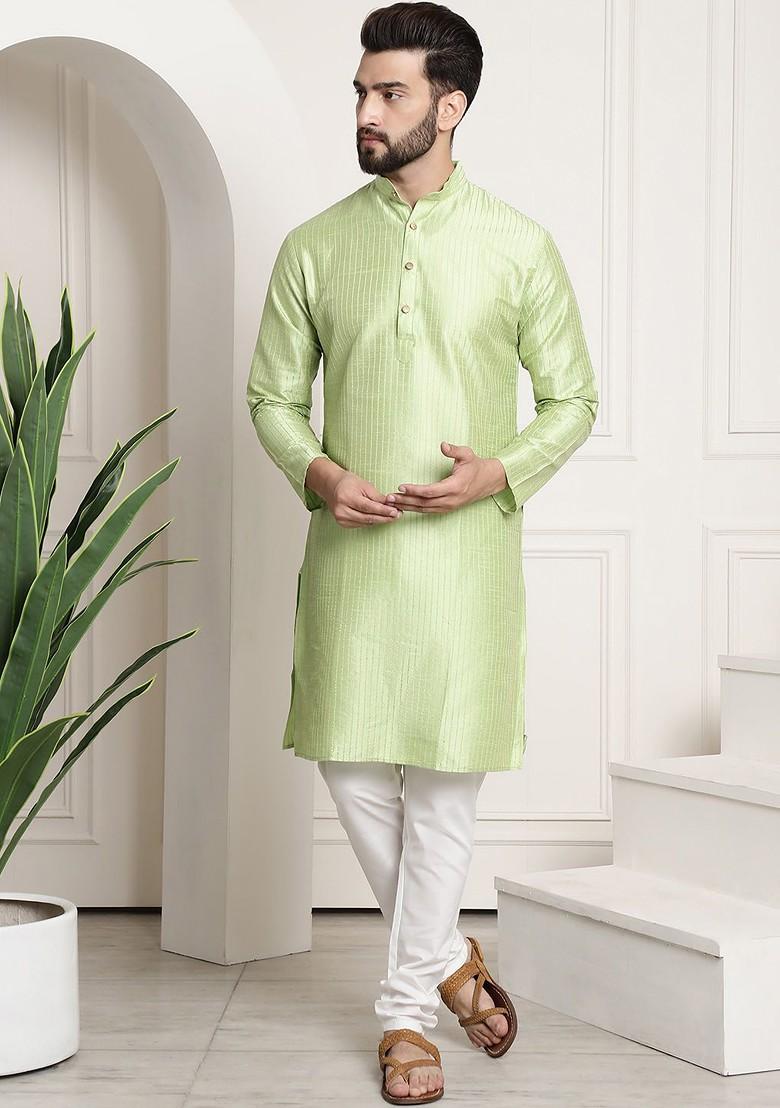 Green Striped Poly Blend Kurta Set For Men