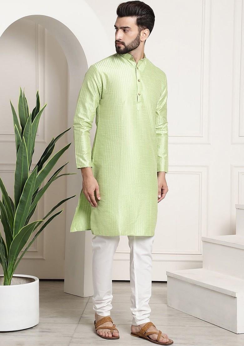 Green Striped Poly Blend Kurta Set For Men