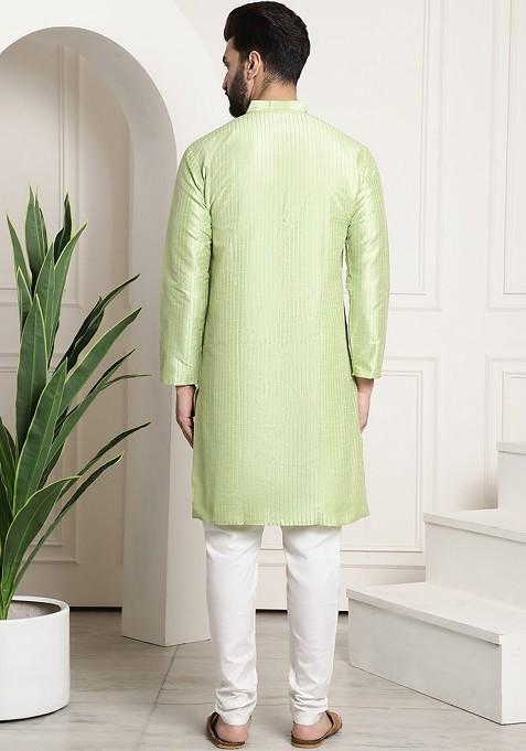 Green Striped Poly Blend Kurta Set For Men