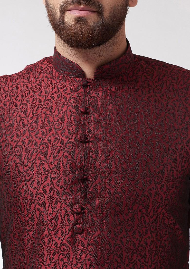 Maroon Solid Poly Blend Kurta Set For Men