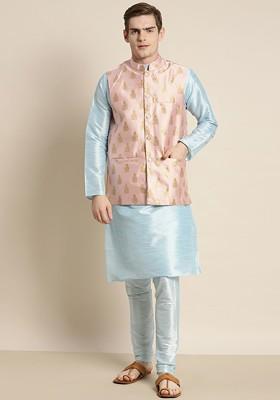 Blue Ethnic Motifs Poly Blend Kurta Set For Men