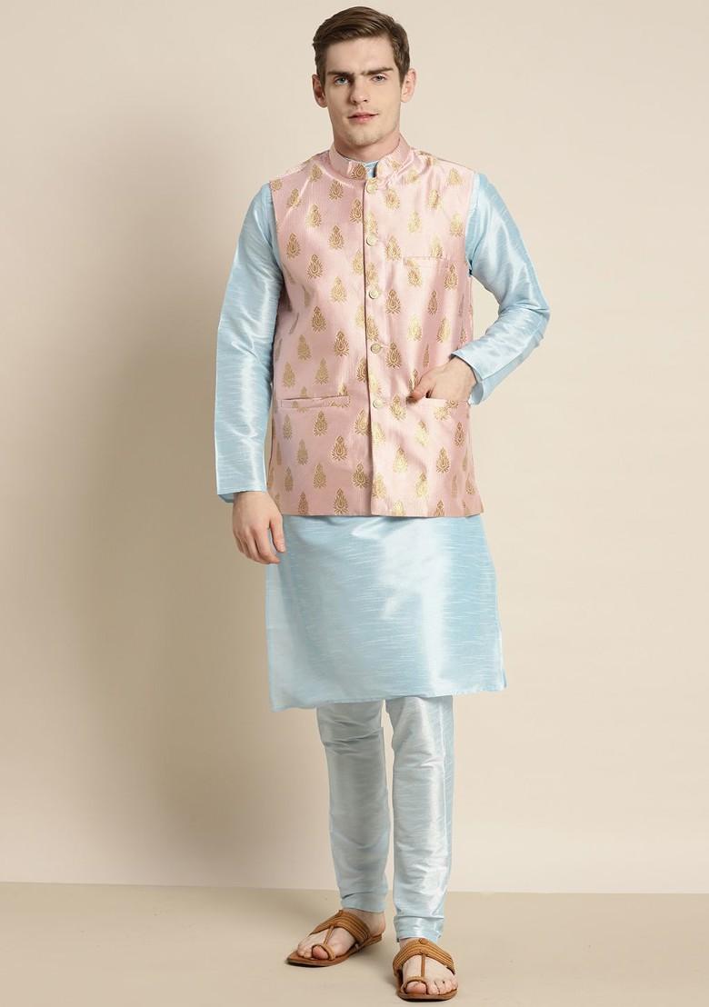 Blue Ethnic Motifs Poly Blend Kurta Set For Men