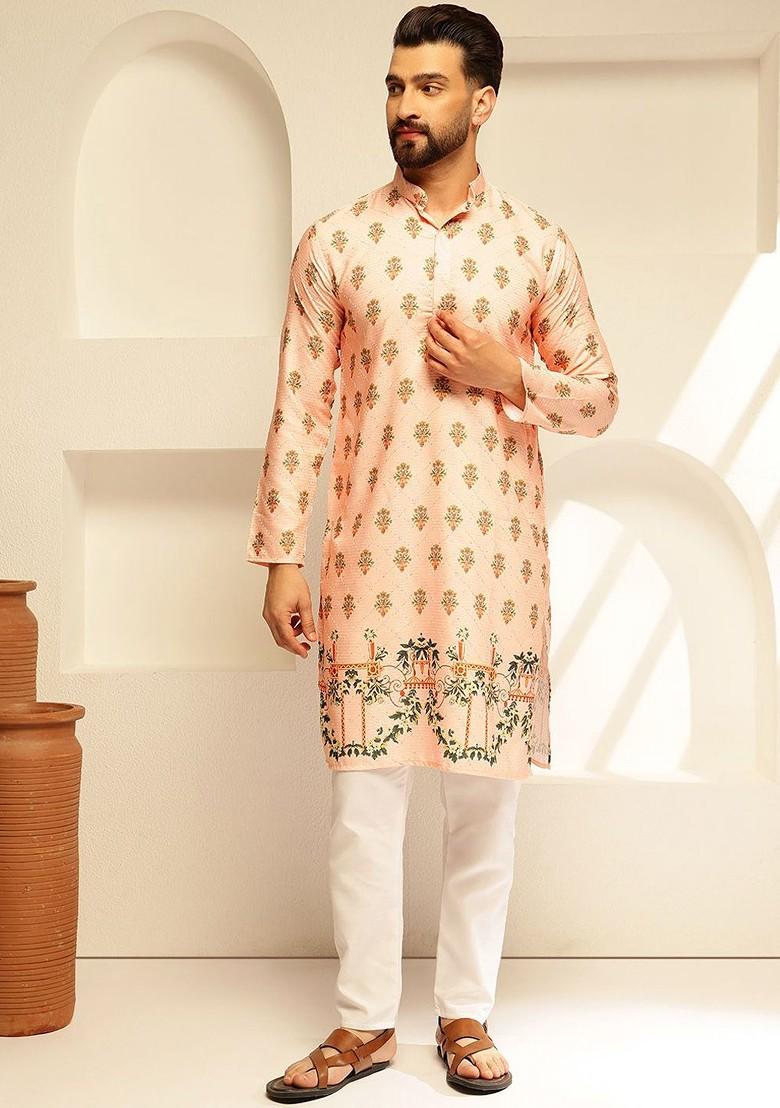Peach Thread Work Cotton Kurta Set For Men