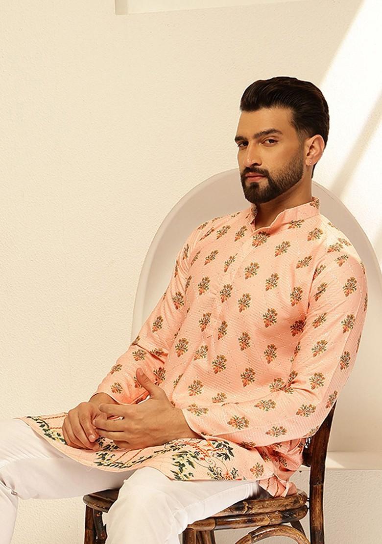 Peach Thread Work Cotton Kurta Set For Men