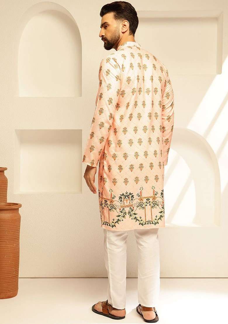 Peach Thread Work Cotton Kurta Set For Men - Indya