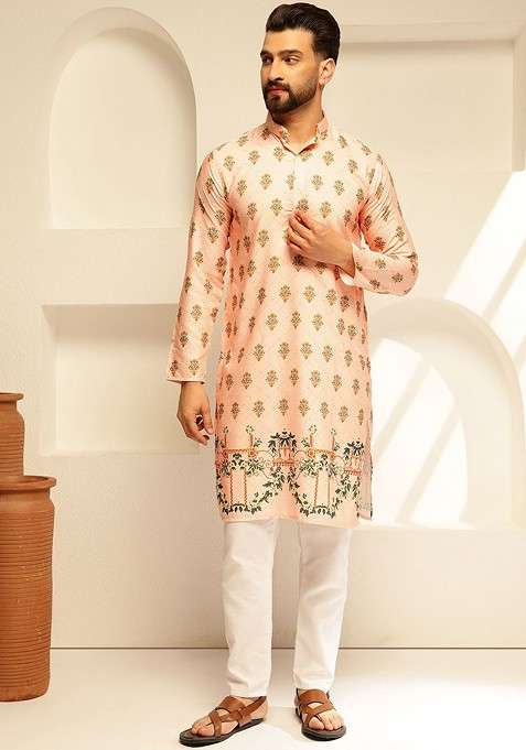 Peach Thread Work Cotton Kurta Set For Men