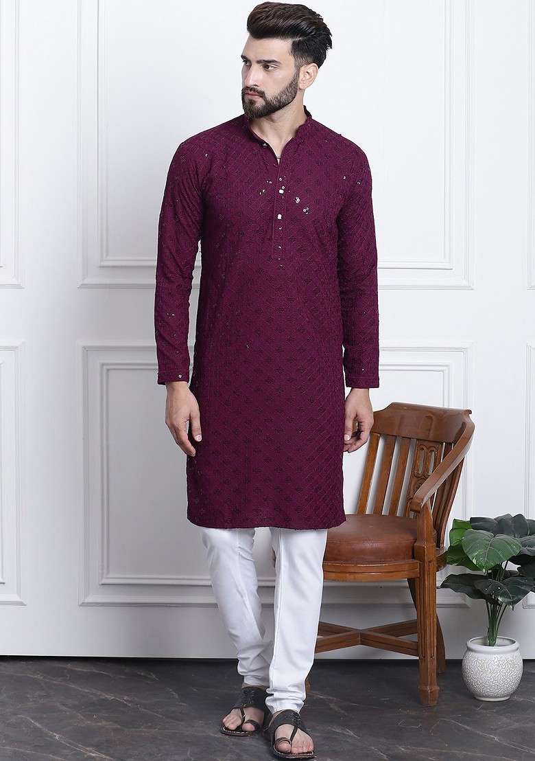 Purple Embroidered Cotton Kurta Set For Men - Indya