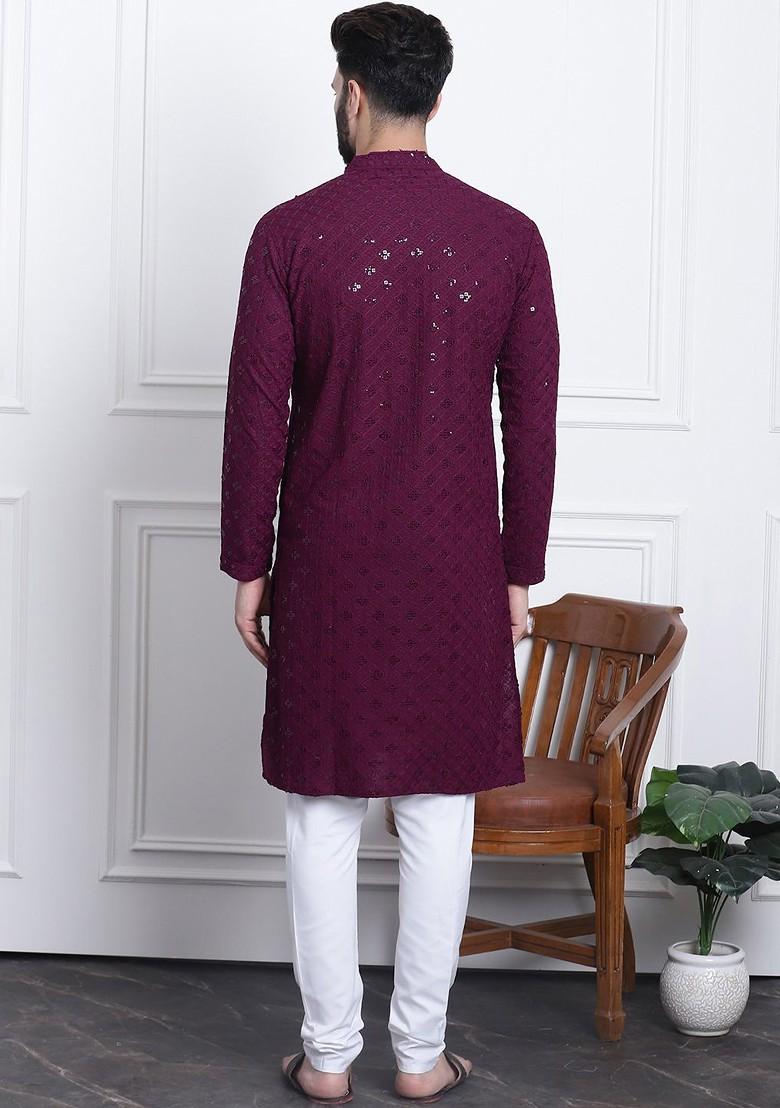 Purple Embroidered Cotton Kurta Set For Men