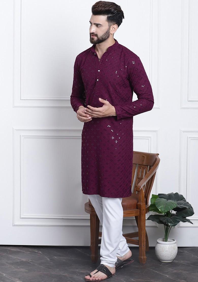 Purple Embroidered Cotton Kurta Set For Men