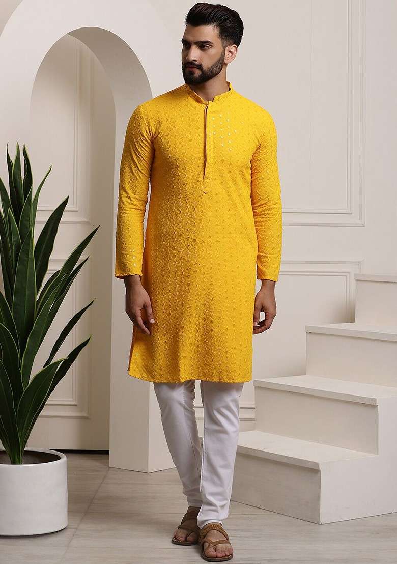 Mustard Embroidered Cotton Kurta Set For Men - Indya