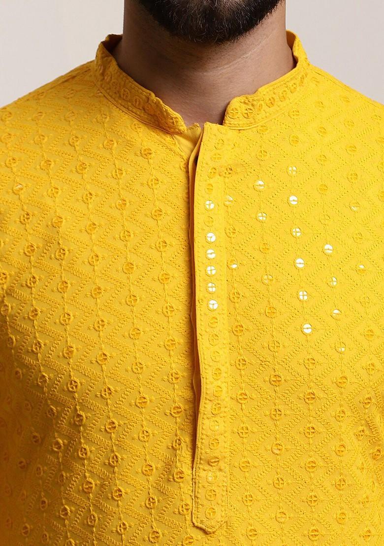 Mustard Embroidered Cotton Kurta Set For Men