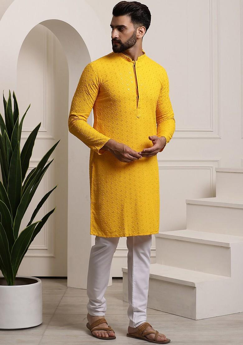 Mustard Embroidered Cotton Kurta Set For Men