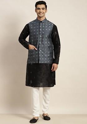 Black Mirror Work Poly Blend Kurta Set For Men