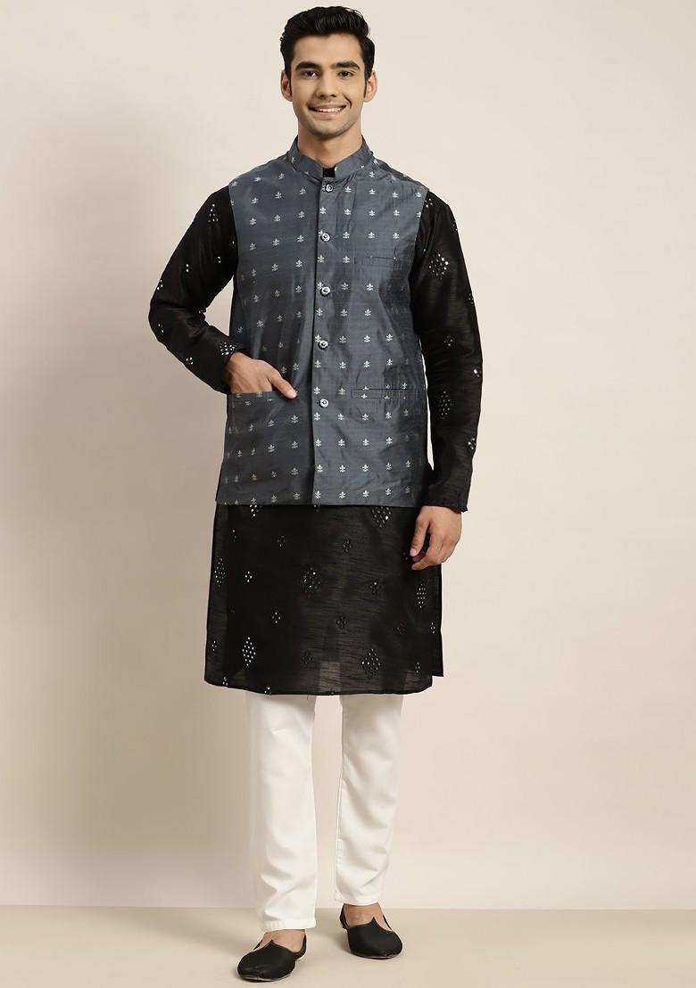 Black Mirror Work Poly Blend Kurta Set For Men