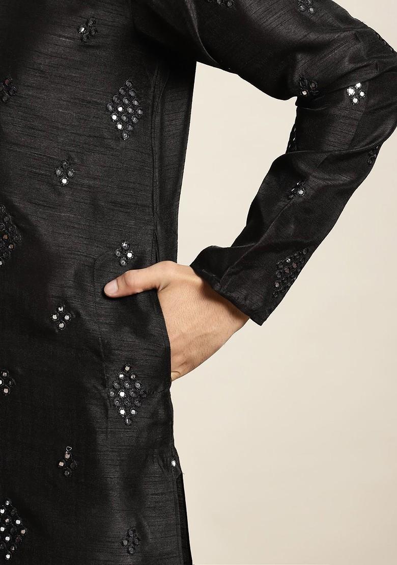 Black Mirror Work Poly Blend Kurta Set For Men