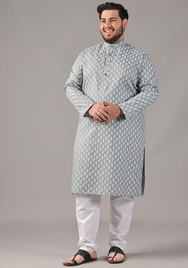 Grey Ethnic Motifs Poly Blend Kurta Set For Men