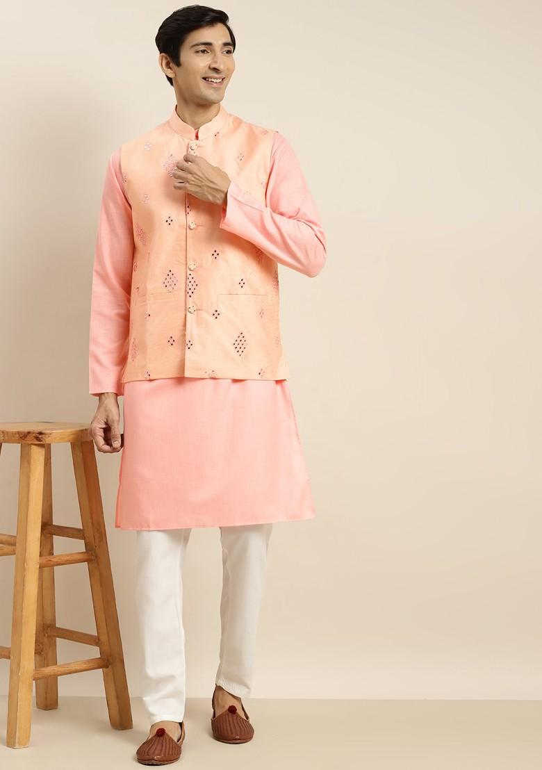 Pink Mirror Work Cotton Kurta Set For Men