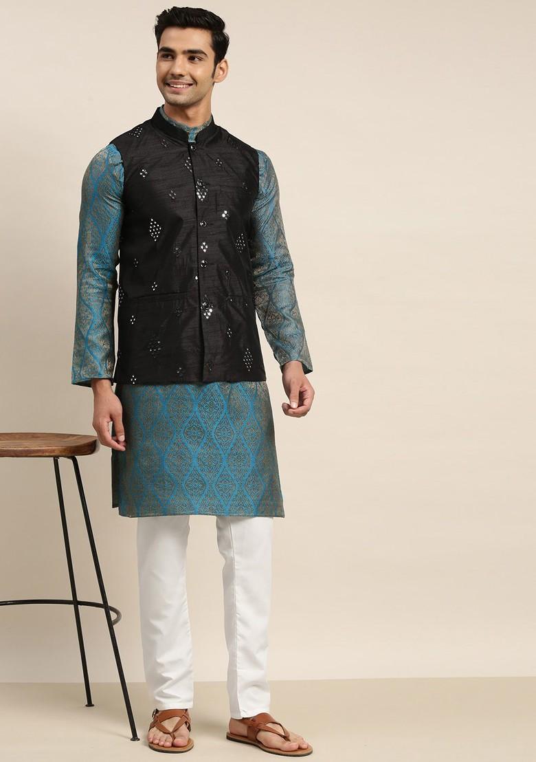 Blue Ethnic Motifs Poly Blend Kurta Set For Men
