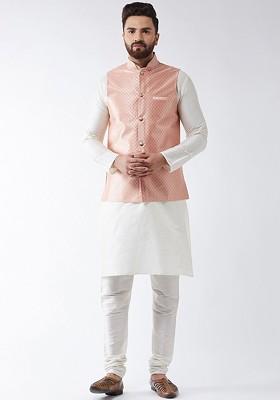 Off White Solid Poly Blend Kurta Set For Men