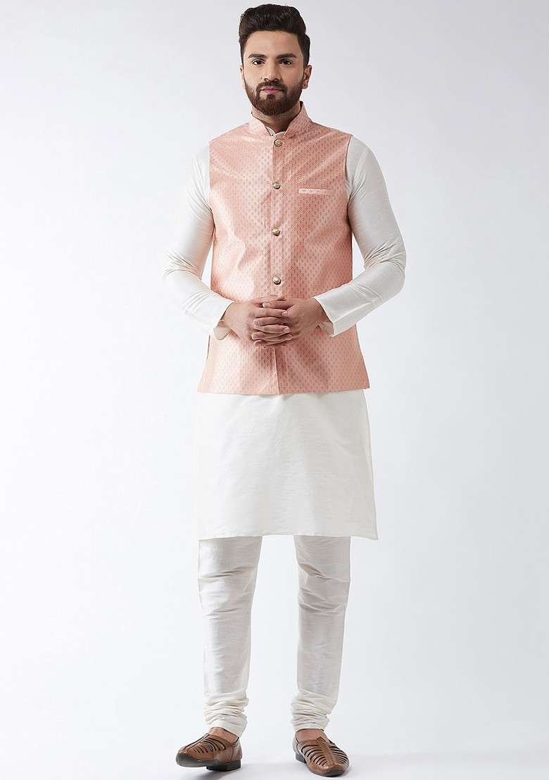 Off White Solid Poly Blend Kurta Set For Men - Indya