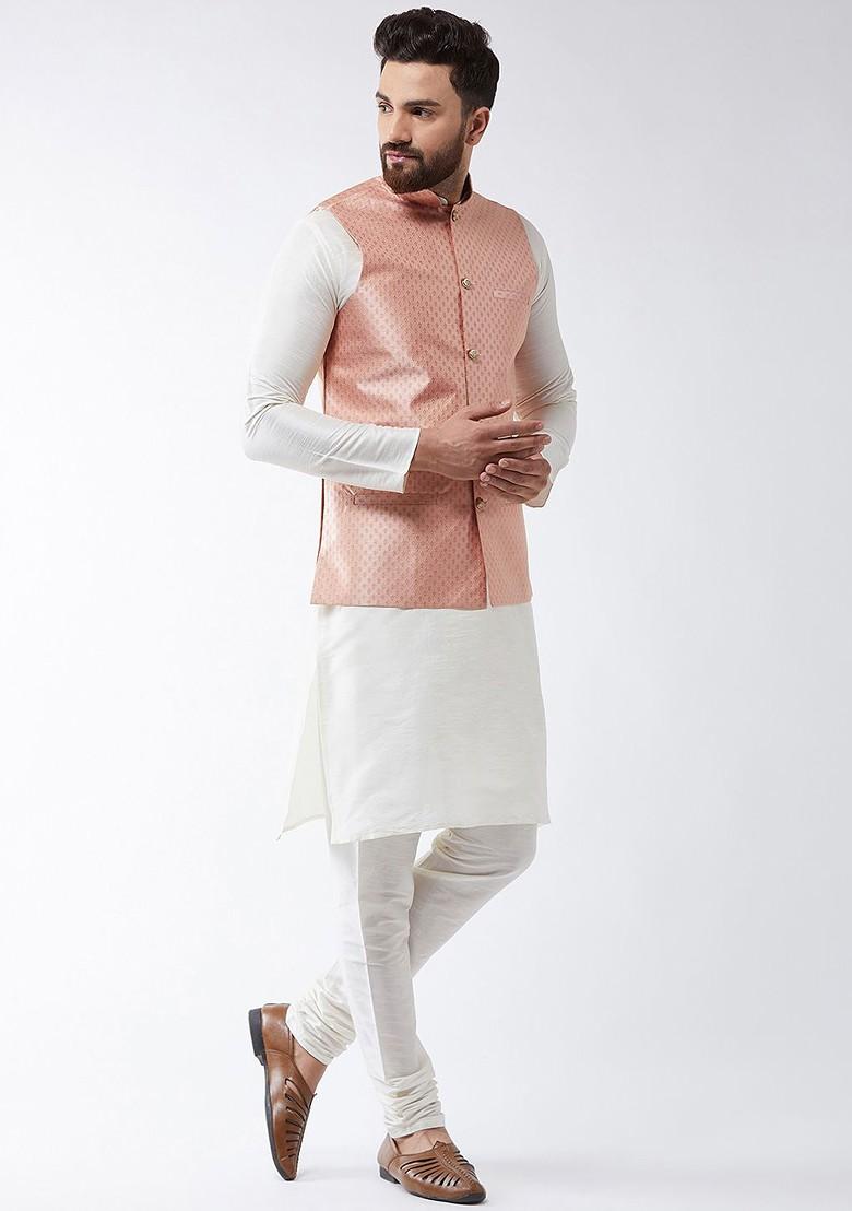 Off White Solid Poly Blend Kurta Set For Men