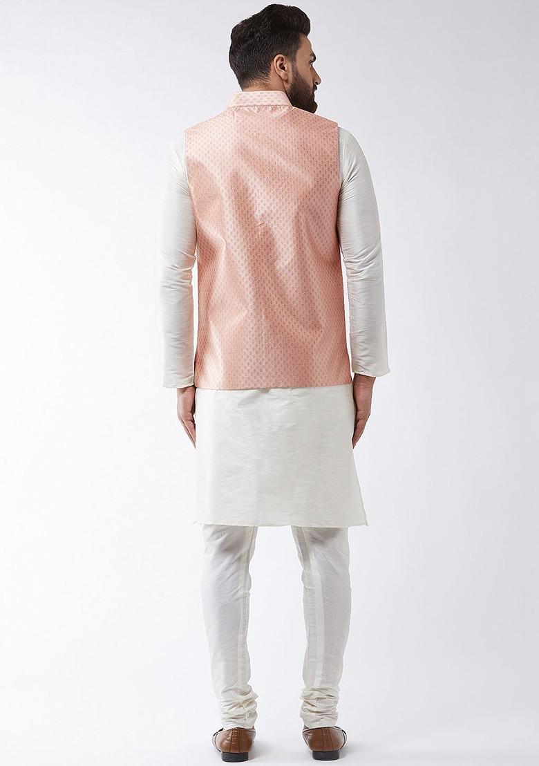 Off White Solid Poly Blend Kurta Set For Men