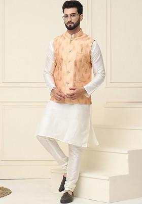 Cream Woven Poly Blend Kurta Set For Men