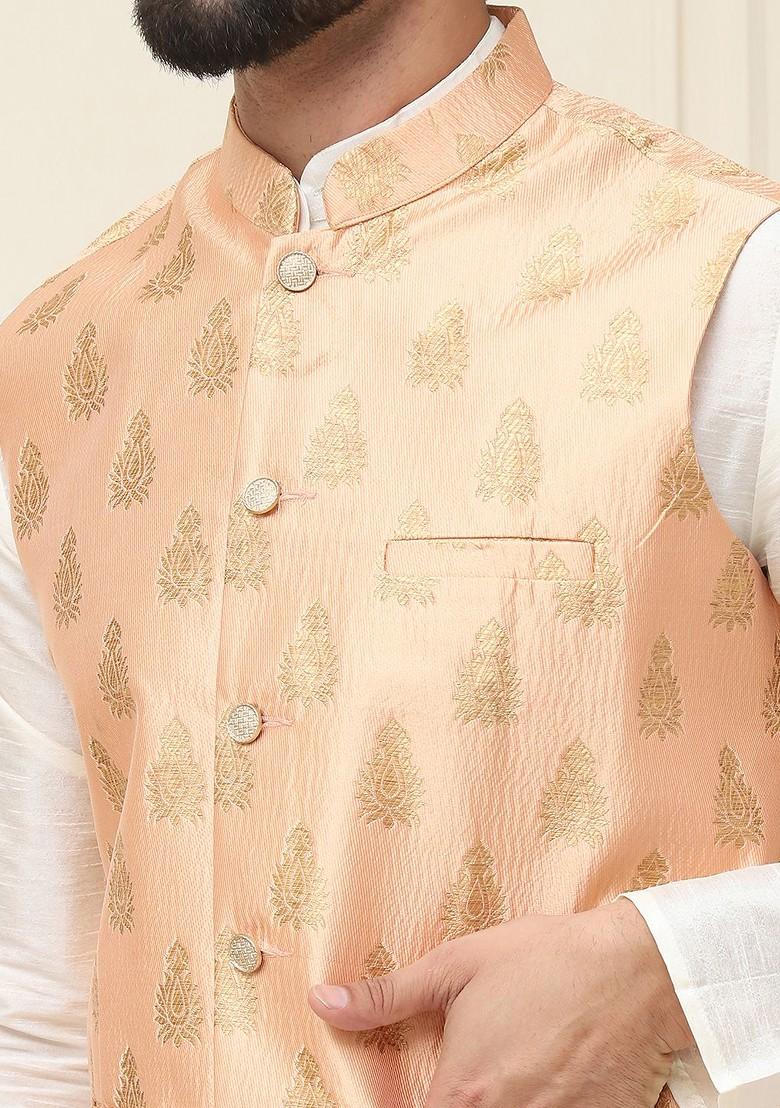 Cream Woven Poly Blend Kurta Set For Men