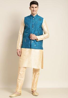 Gold Mirror Work Poly Blend Kurta Set For Men