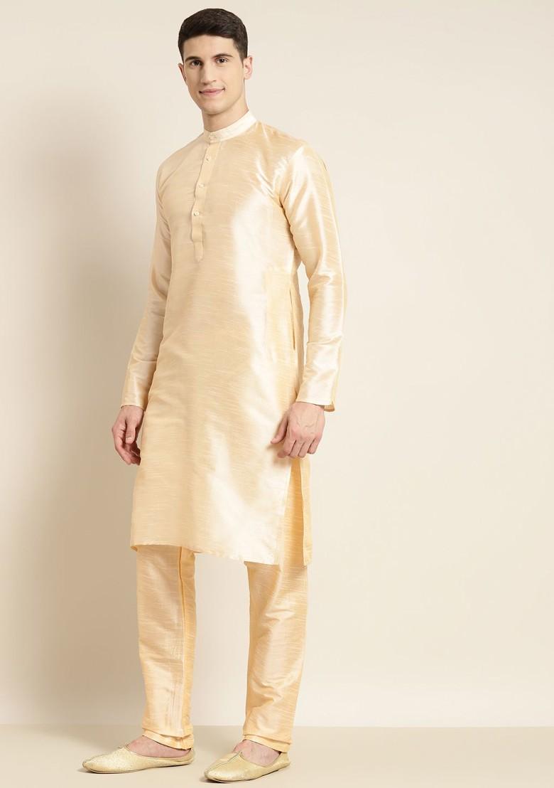 Gold Mirror Work Poly Blend Kurta Set For Men