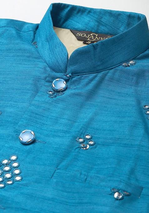 Gold Mirror Work Poly Blend Kurta Set For Men