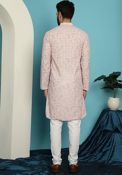 Pink Embroidered Cotton Kurta Set For Men