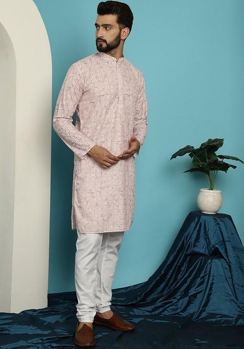 Pink Embroidered Cotton Kurta Set For Men