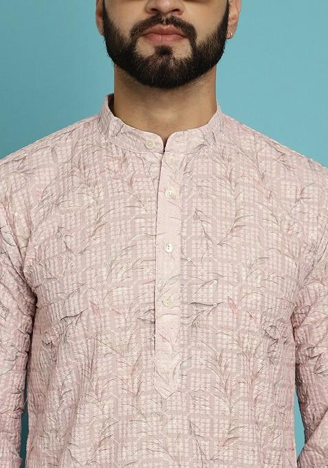 Pink Embroidered Cotton Kurta Set For Men