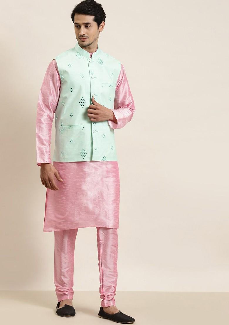 Pink Solid Poly Blend Kurta Set For Men