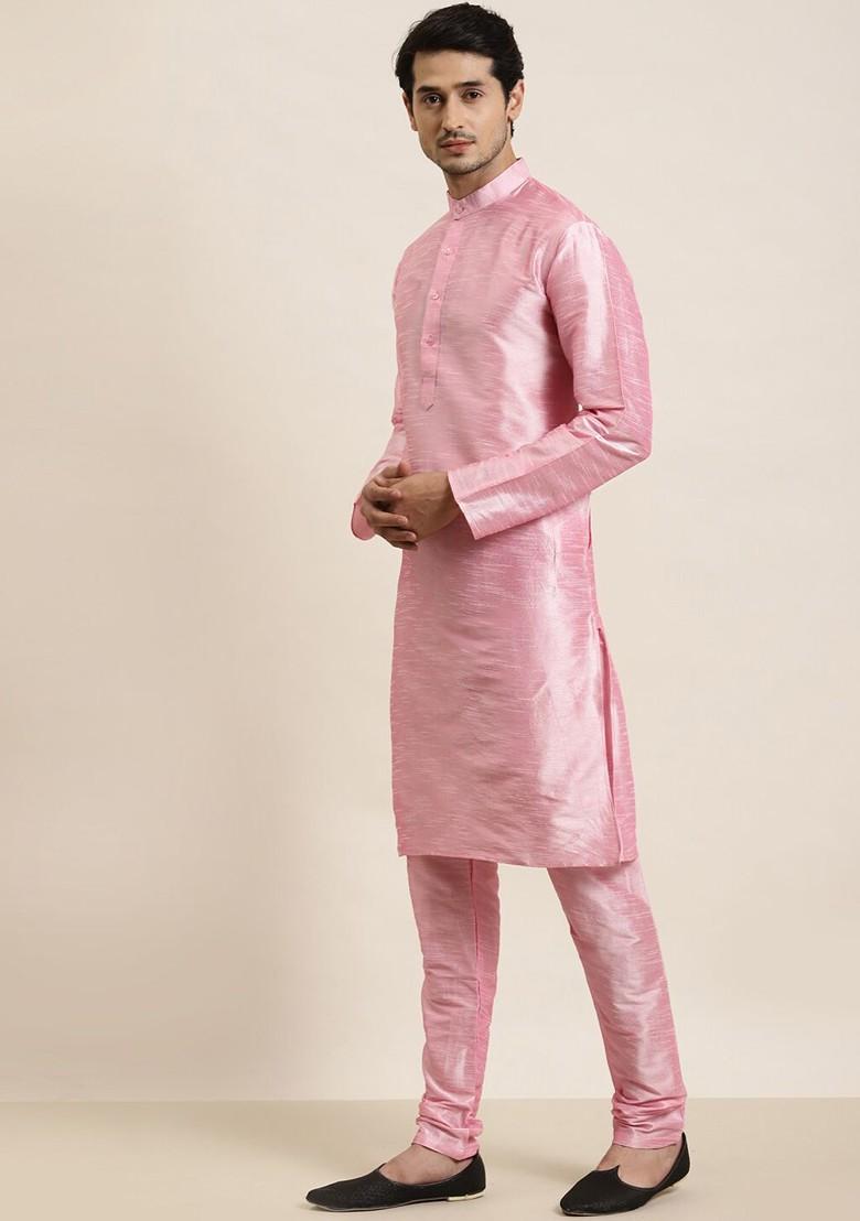 Pink Solid Poly Blend Kurta Set For Men
