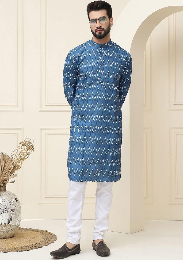Navy Blue Printed Cotton Kurta Set For Men