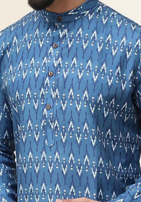 Navy Blue Printed Cotton Kurta Set For Men