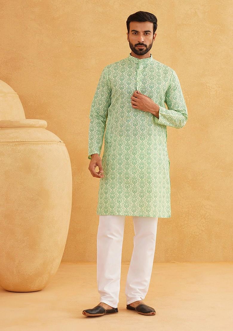 Green Ethnic Motifs Poly Blend Kurta Set For Men