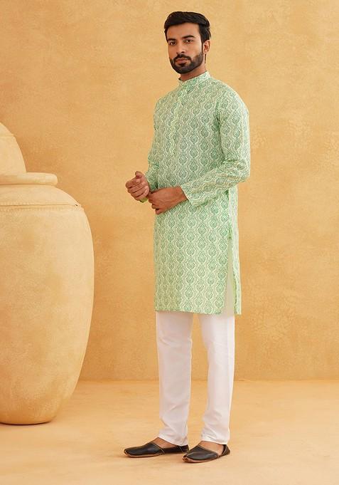 Green Ethnic Motifs Poly Blend Kurta Set For Men