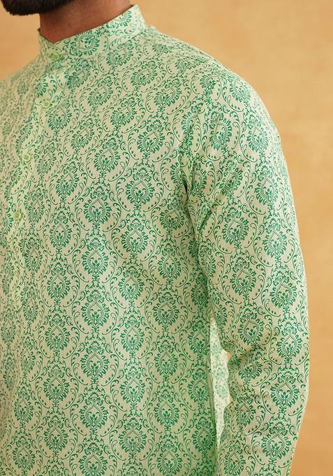 Green Ethnic Motifs Poly Blend Kurta Set For Men